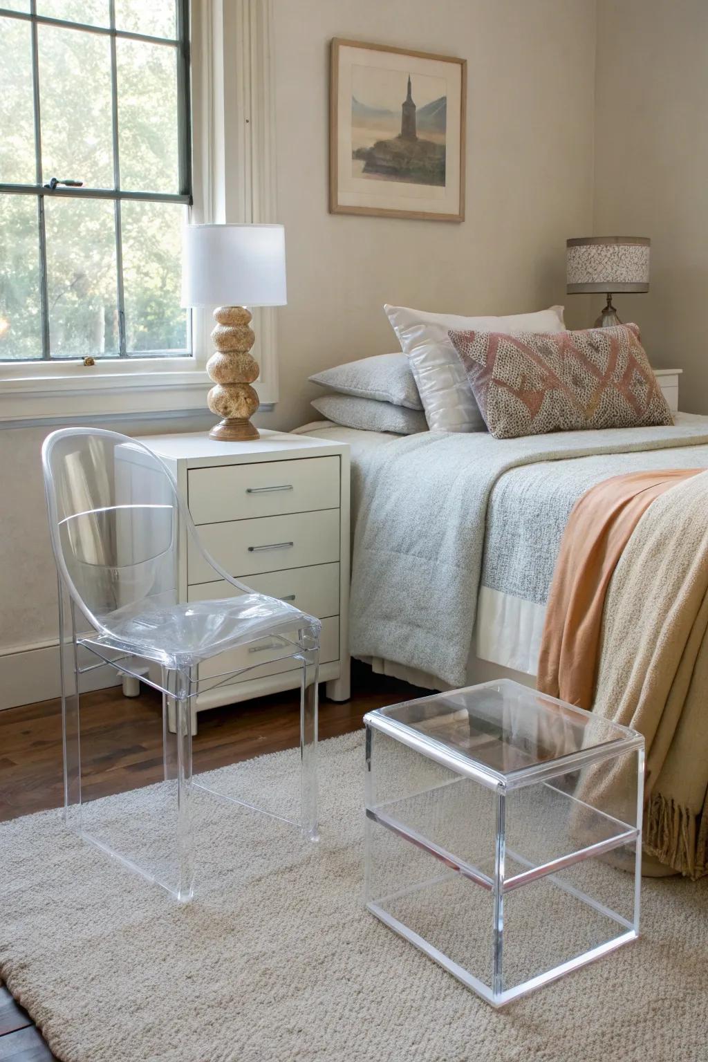 Clear furniture helps maintain an open feel.