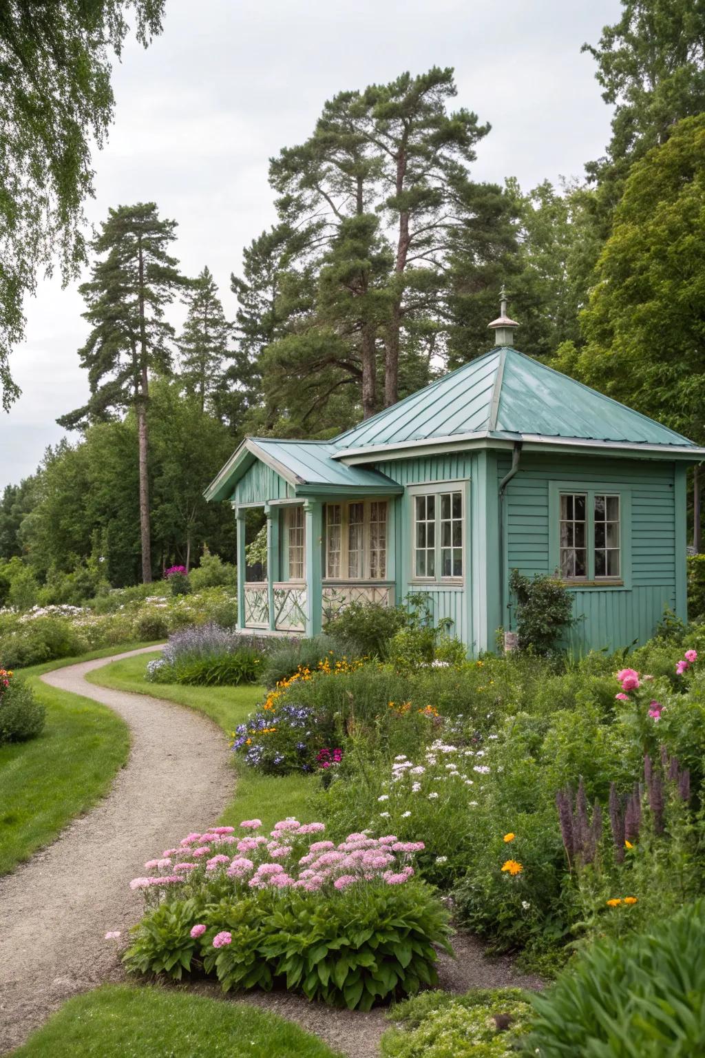 A stylish summer house in muted teal, offering a tranquil garden escape.