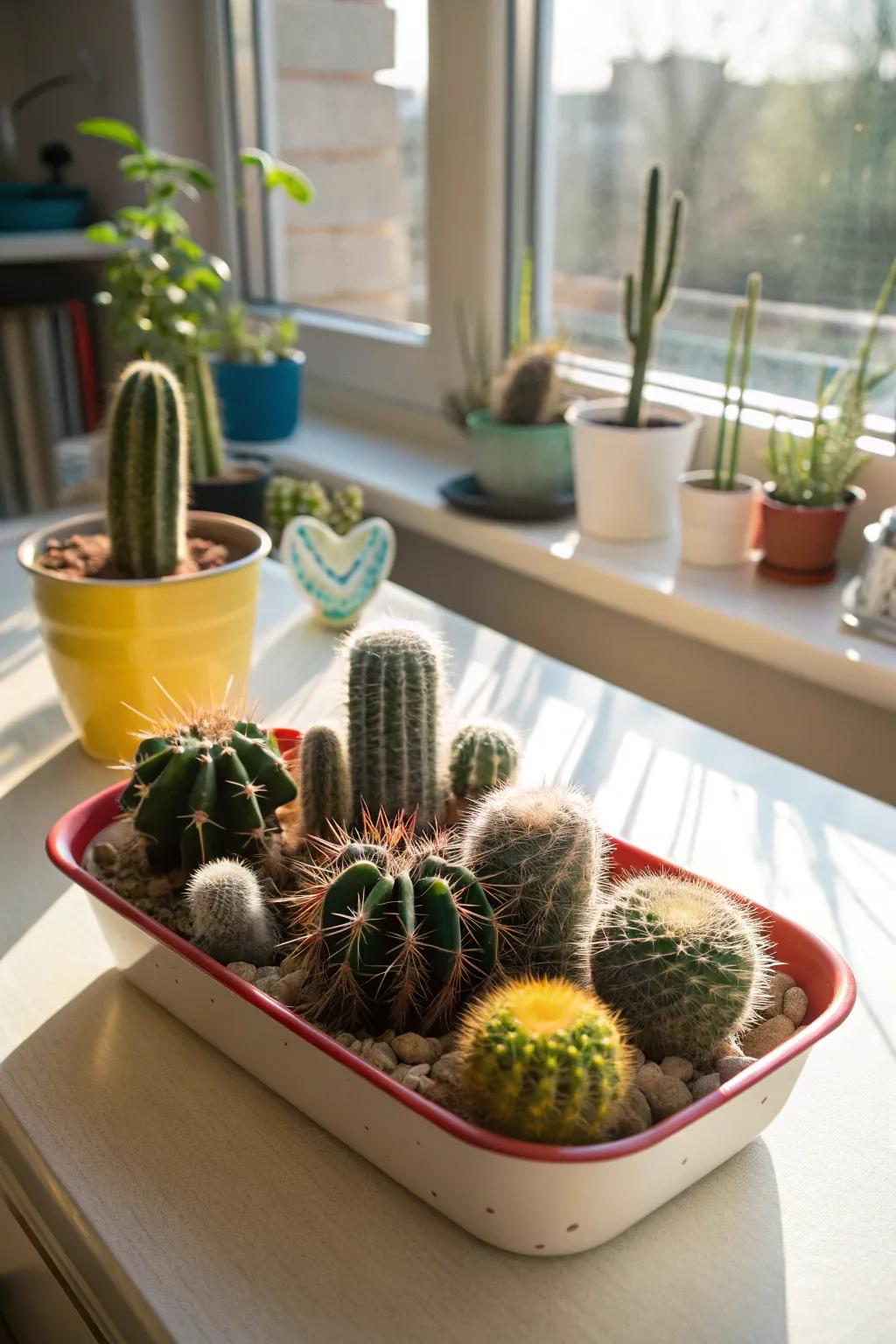 Cactus collection in a shallow dish