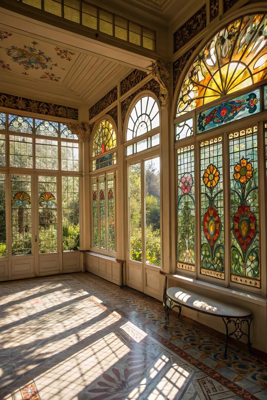 Stained glass windows add color and artistry to your sunroom.