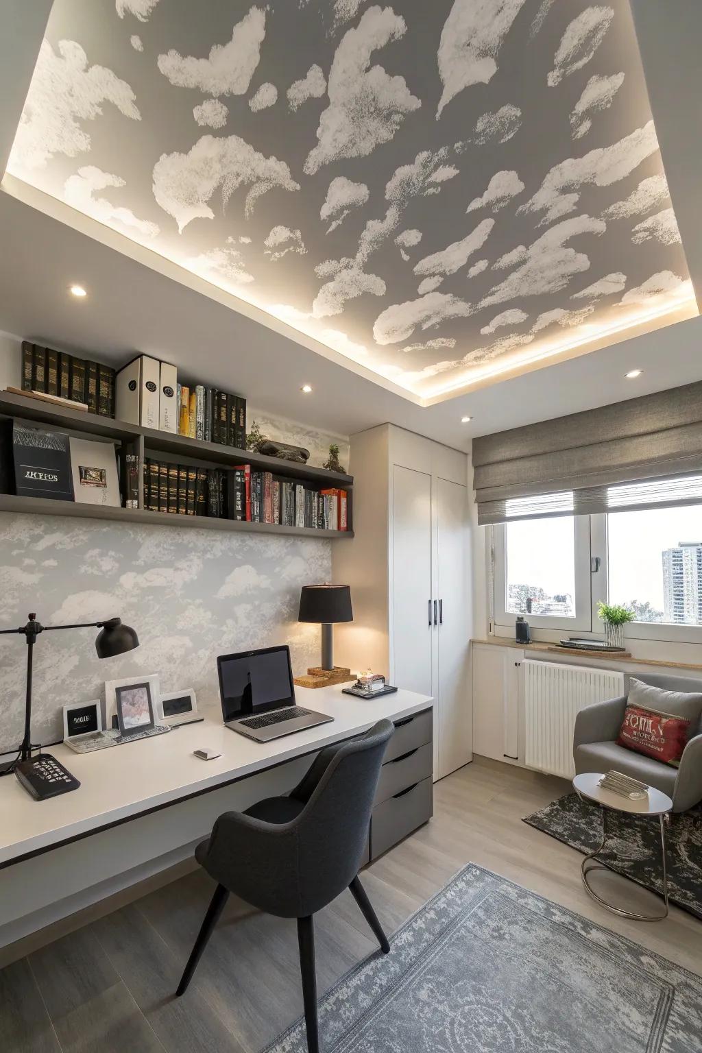 A home office with abstract cloud patterns.