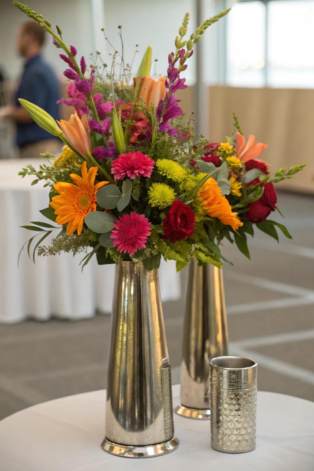 A chic centerpiece featuring metallic vases and white lilies.