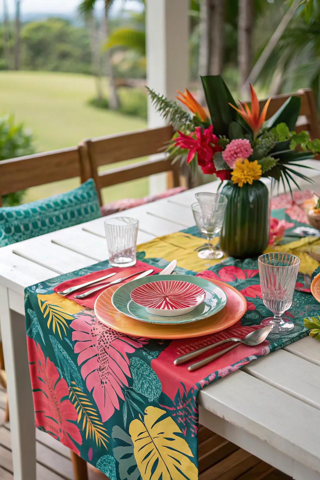 Tropical table runner for a vibrant and lively dining experience.