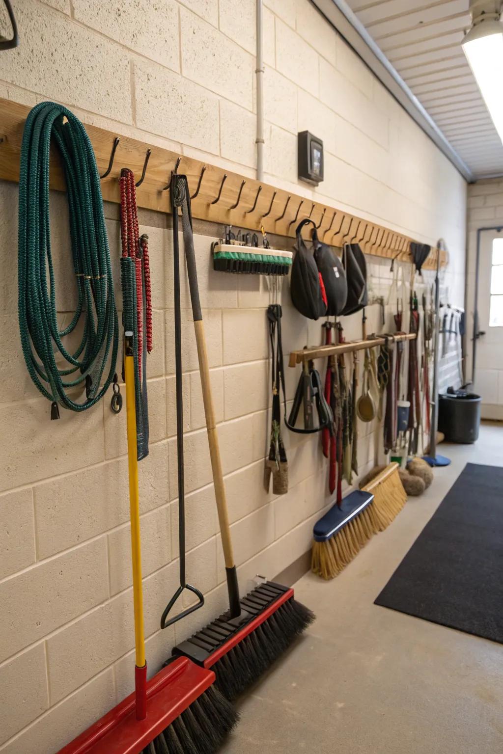 Cleaning racks in a tack room for organized maintenance.