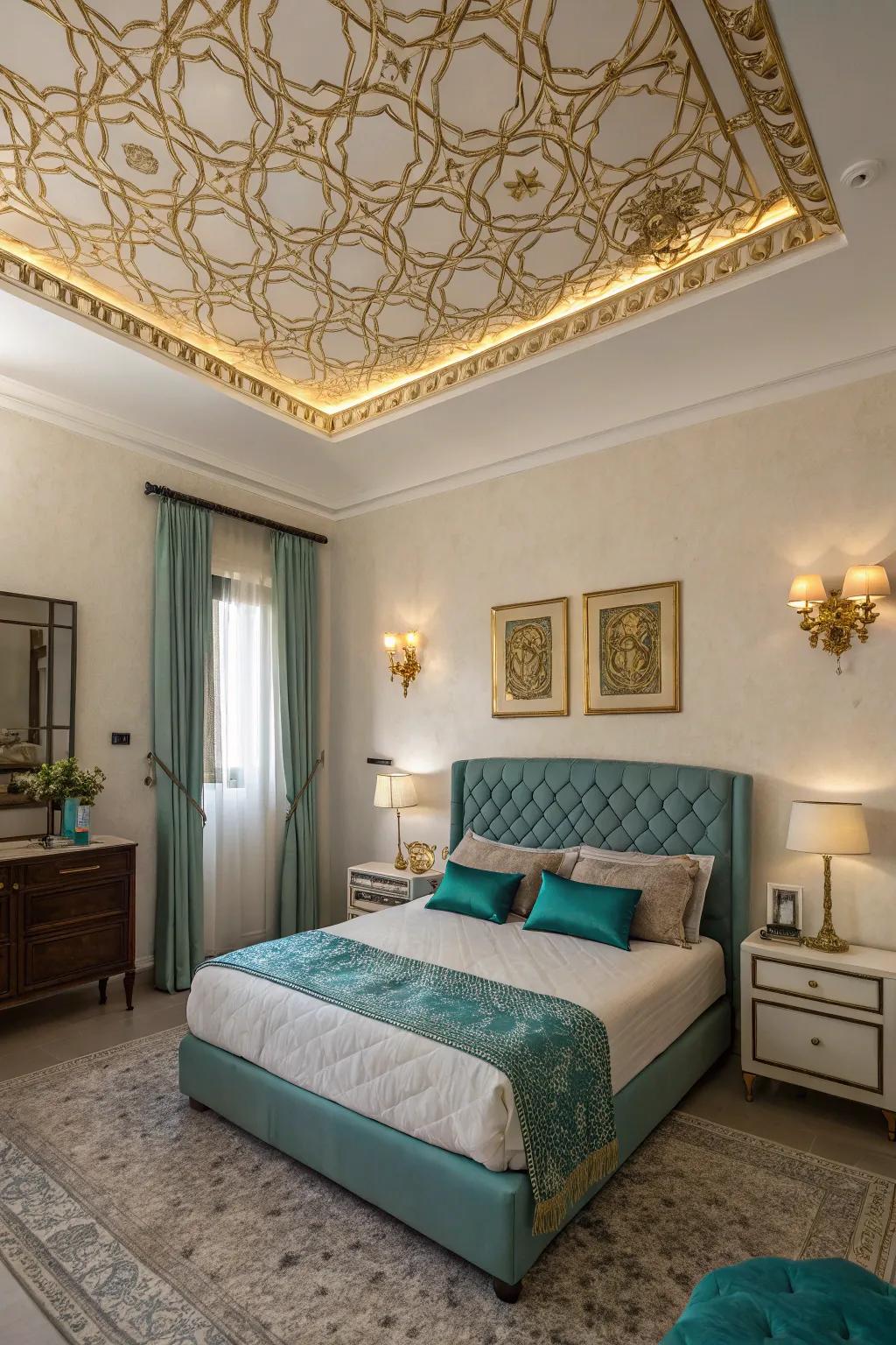 A gold-accented ceiling adds unexpected grandeur to this bedroom.