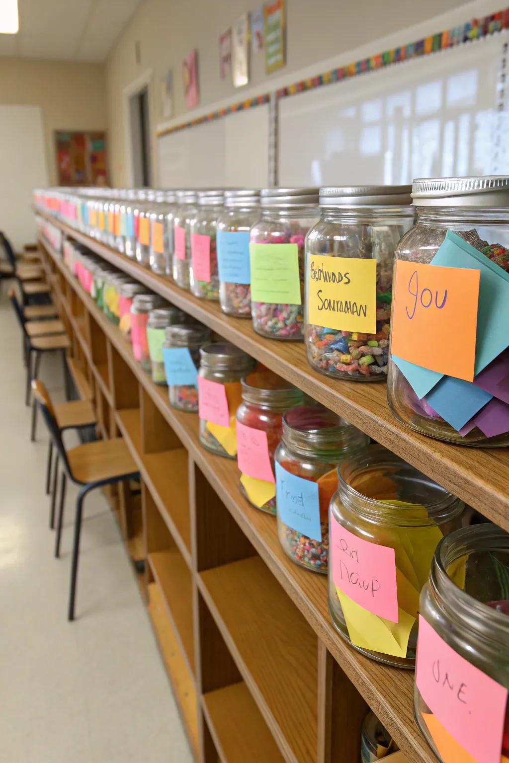 Gratitude jars filled with student notes of appreciation.