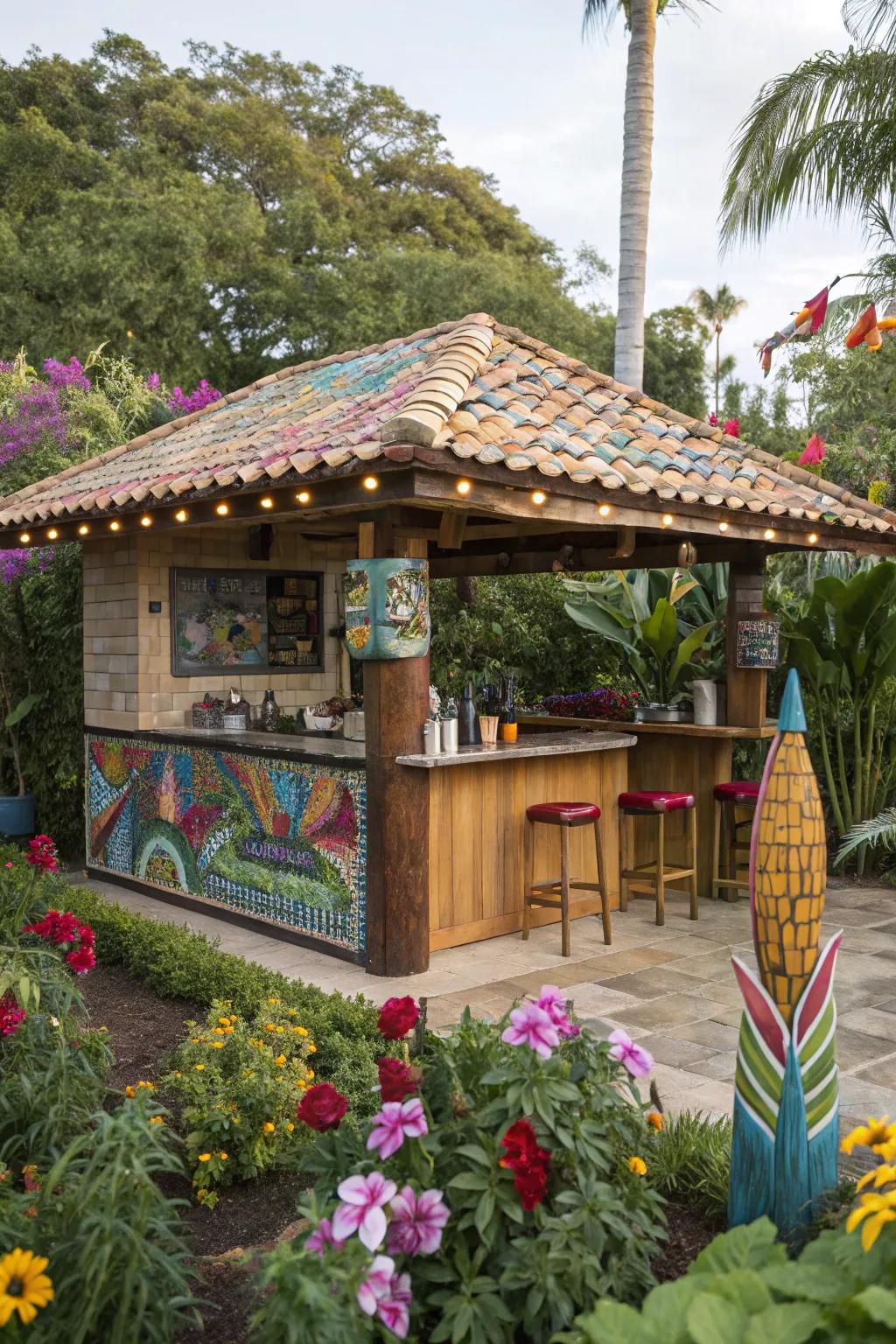 Tile mosaics add color and artistic flair to your tiki bar.