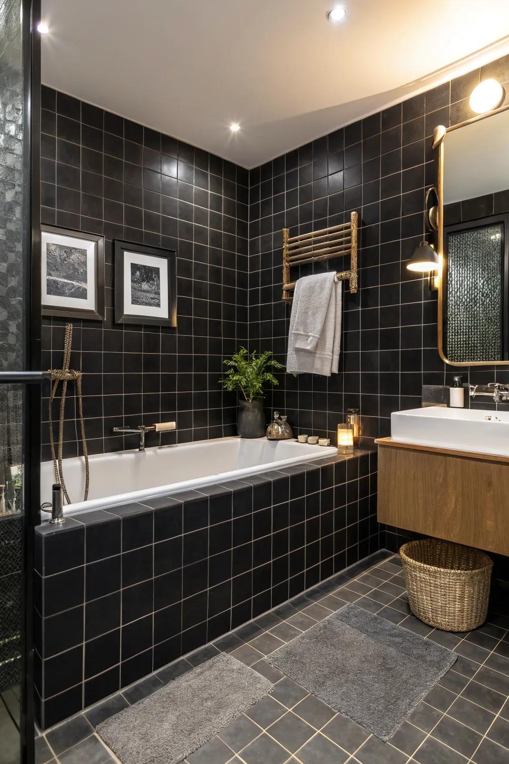 Black tiles create a dramatic and sophisticated look for your bathtub area.