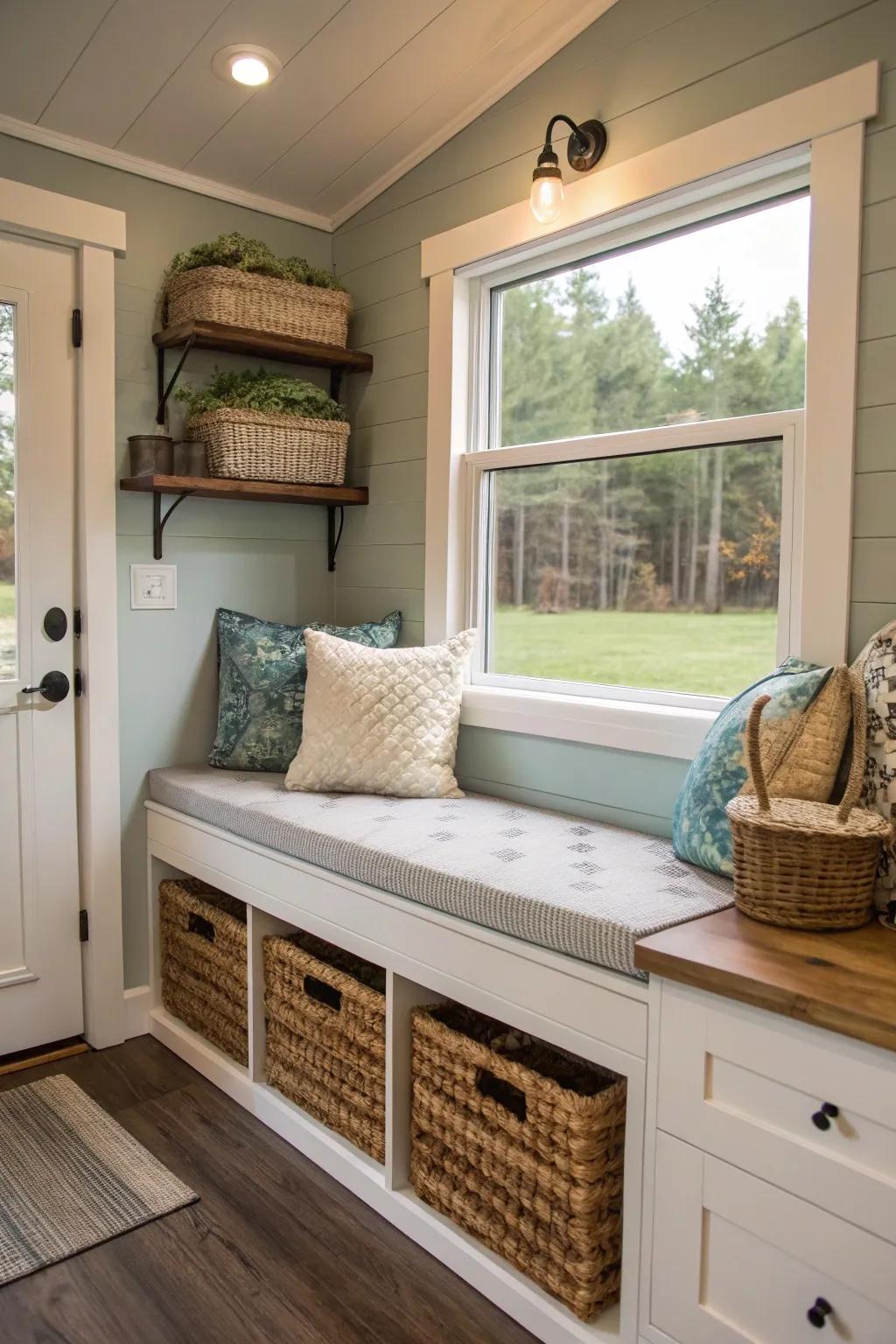 A storage bench offers seating and storage in this tiny house.