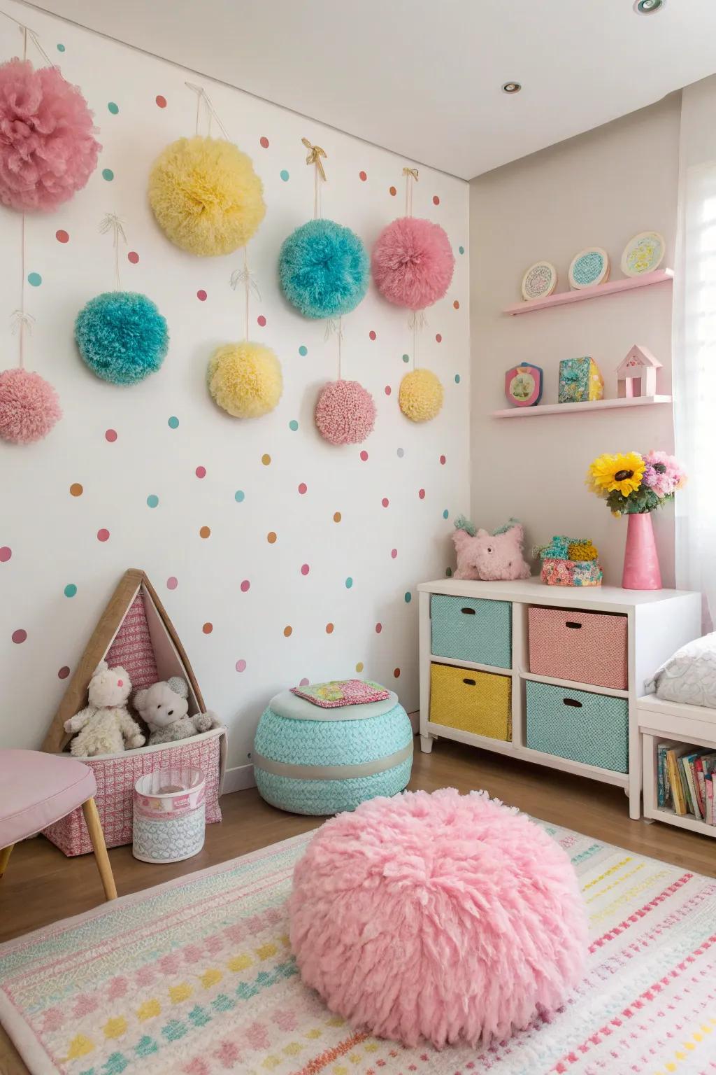 Pom-pom wall hangings add a whimsical and textured element to the room.