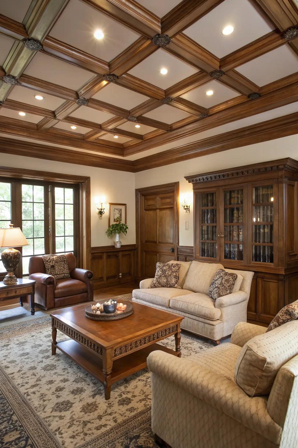 Coffered ceilings add sophistication to this traditional living room.