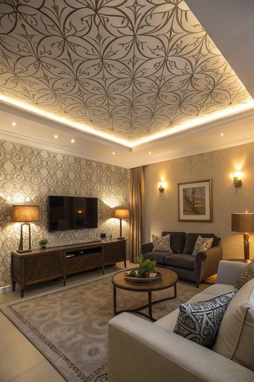 A stylish living room with a uniquely wallpapered tray ceiling.