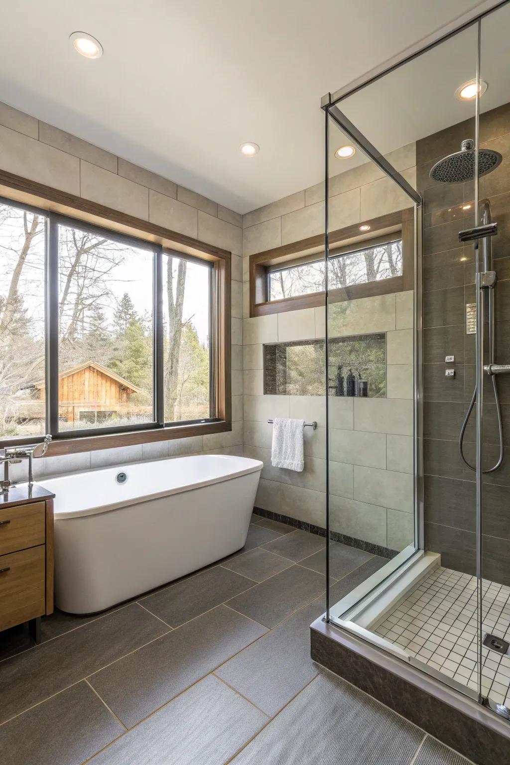 An open-concept wet room offers seamless integration in the bathroom.