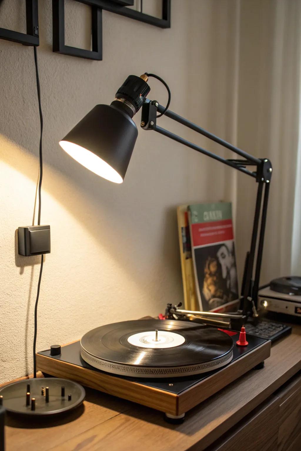 A swing arm lamp offering adjustable lighting for a turntable.