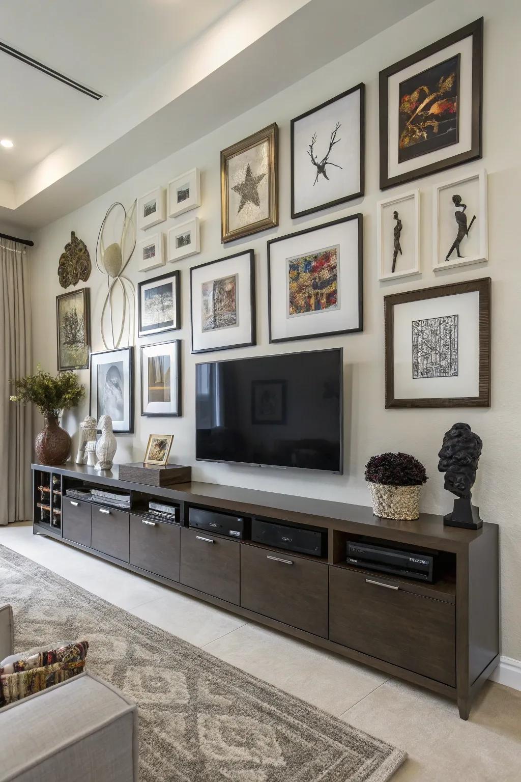 Sculptural elements add depth to this unique TV gallery wall.