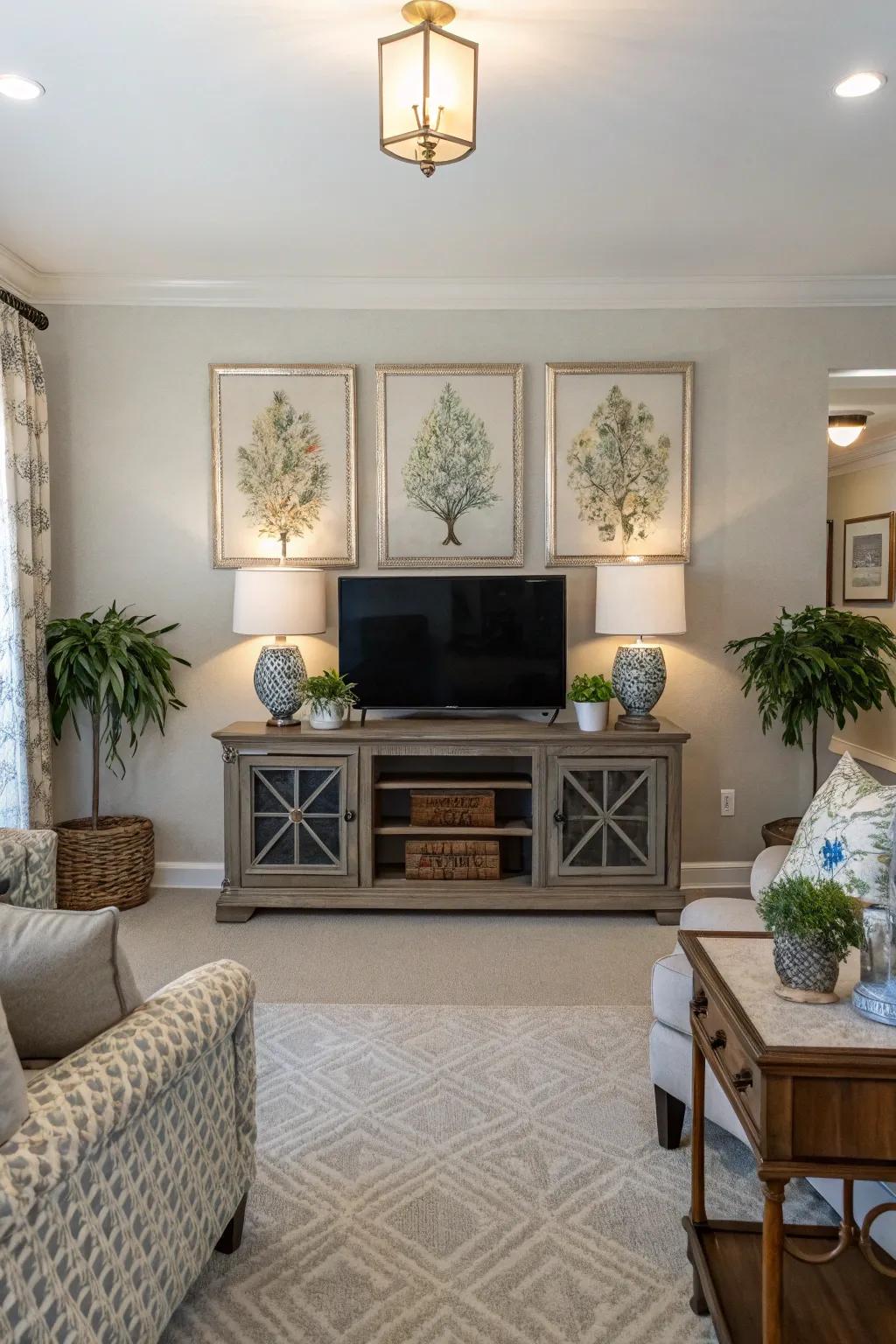 Symmetrical designs bring harmony to TV walls.