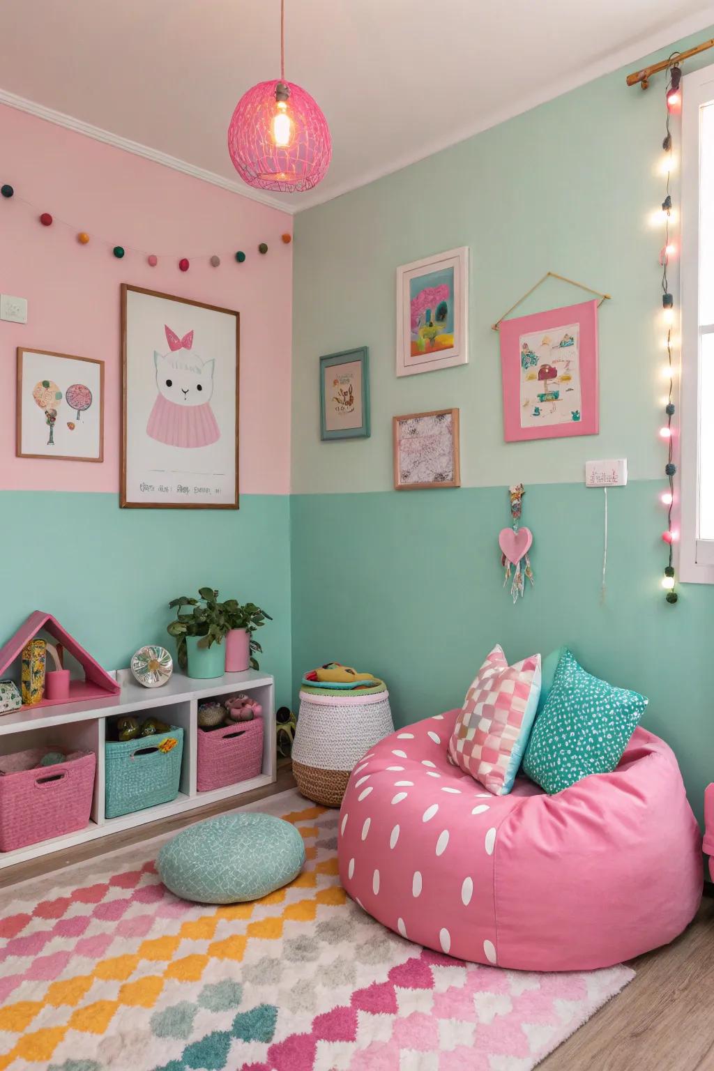 Mint green and bubblegum pink add playful charm.