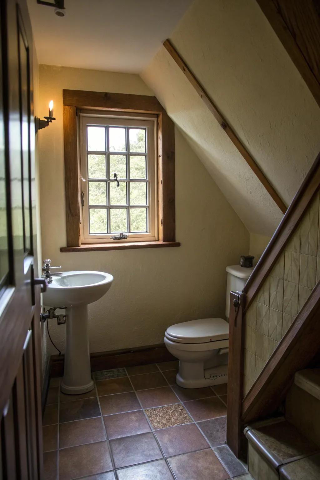 An under-stair bathroom bathed in natural light from a strategically placed window.