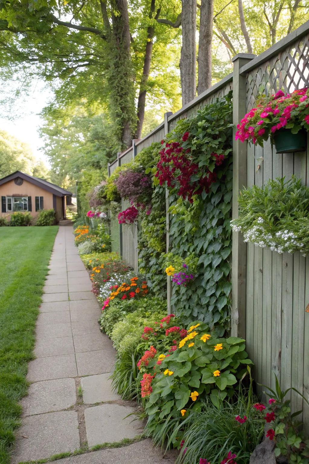 A privacy fence transformed into a vibrant vertical garden.