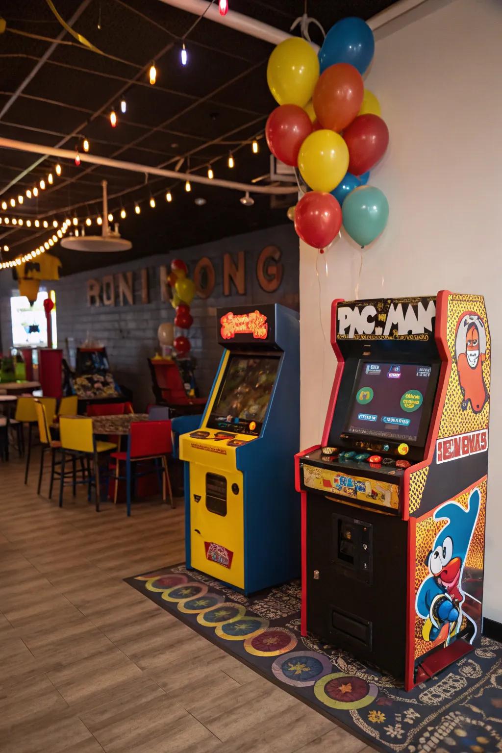 A retro arcade corner brings back classic gaming fun.