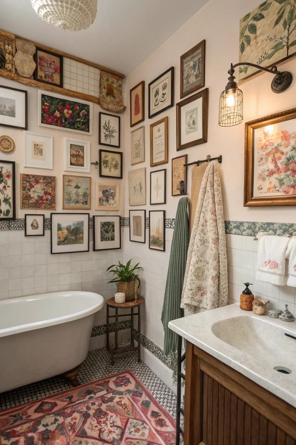 A gallery wall adds personal expression and history to your bathroom.