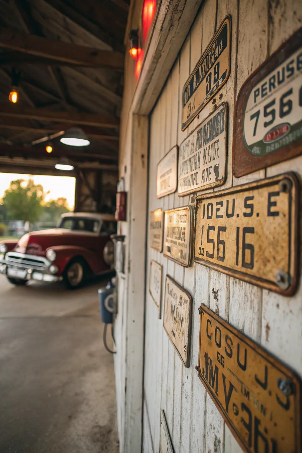 Antique license plates add a personal touch to the decor.