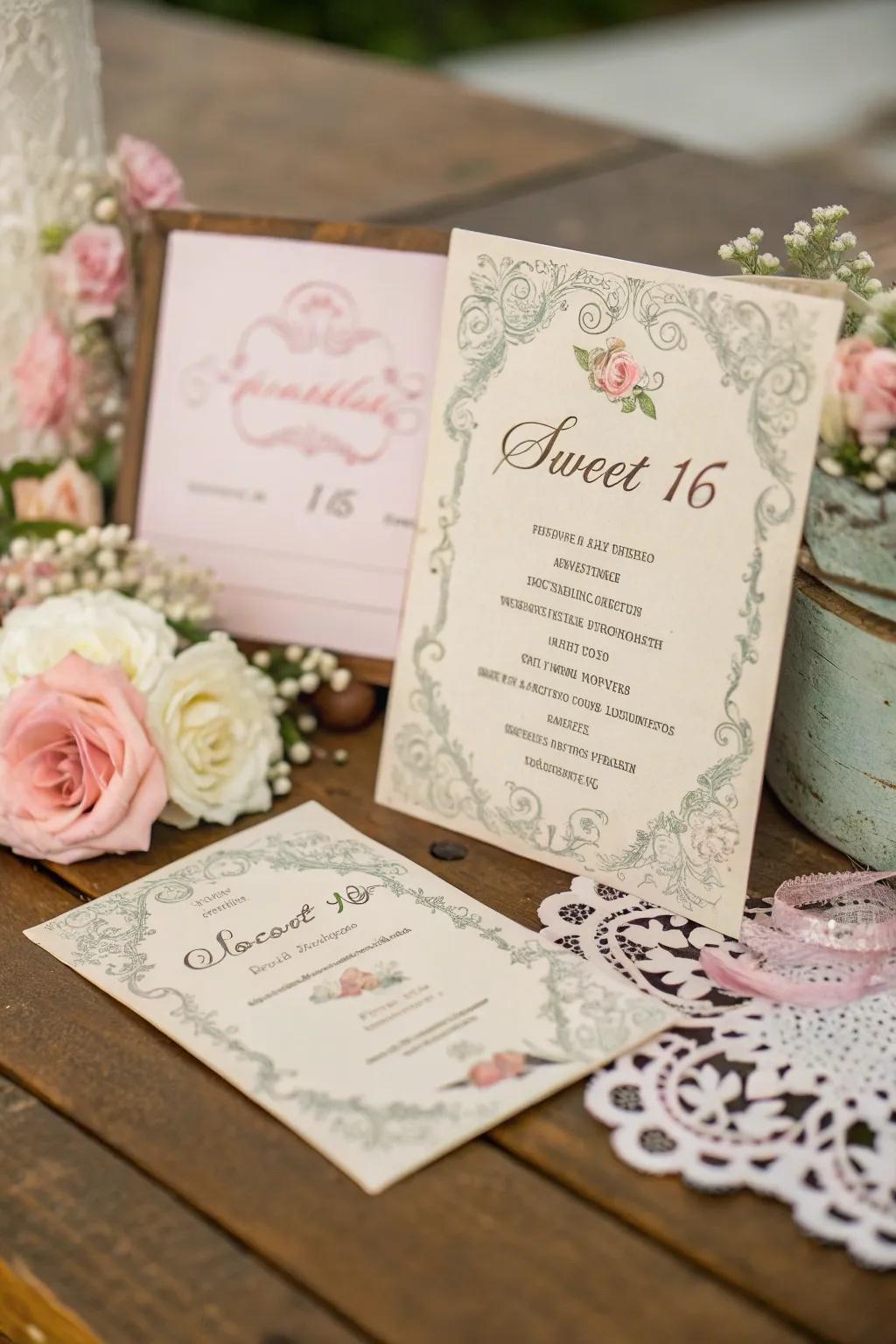 Elegantly designed vintage-inspired invitations setting the party tone.