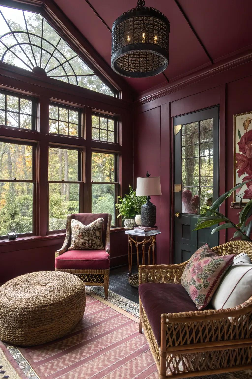 Sunroom with deep burgundy walls, offering a dramatic and unique touch.