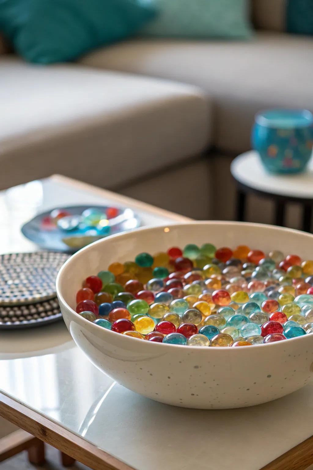 Playful patterns with varied shapes and sizes of water beads.