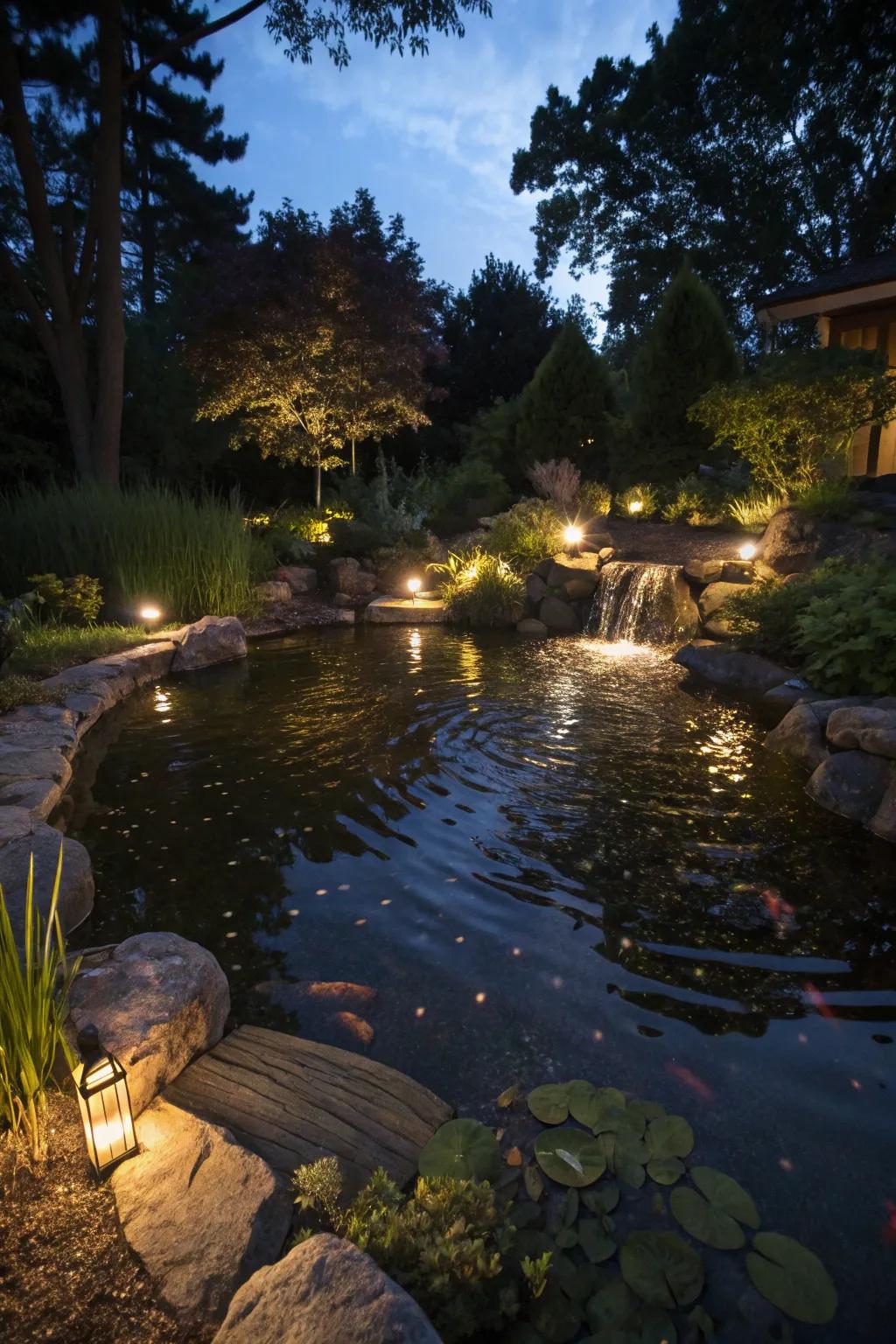 Underwater lighting creates magical nighttime scenes in garden water features.