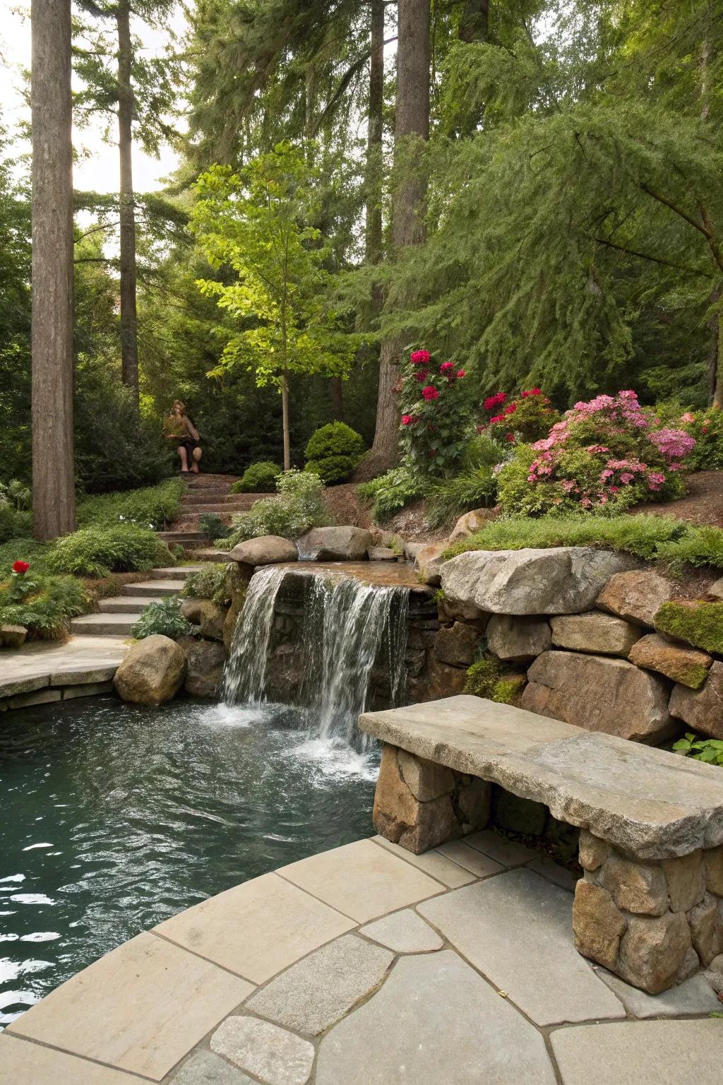 A cozy seating area integrated into a garden waterfall's stone design.