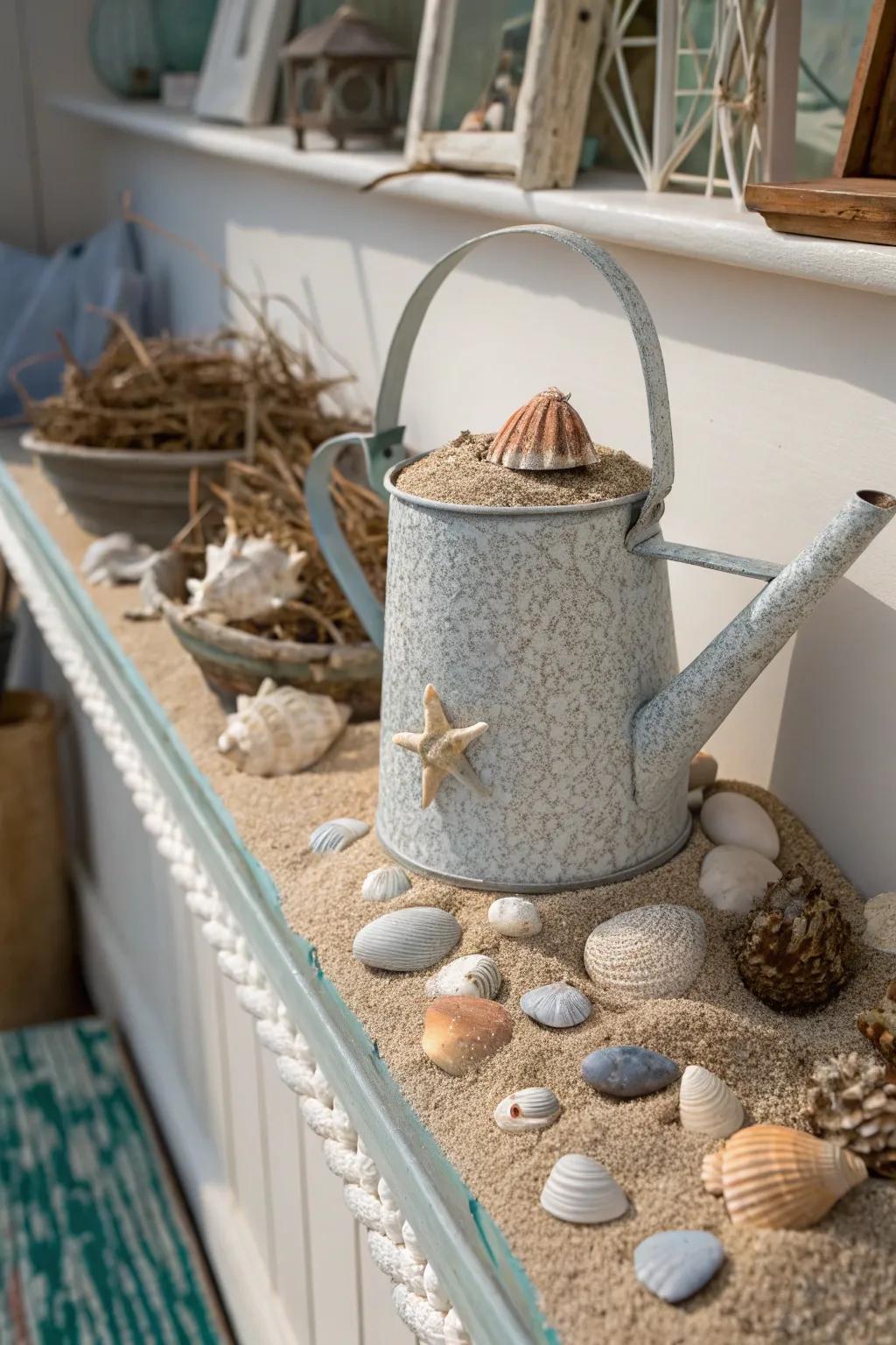 A beach-themed decoration using a watering can with seashells.