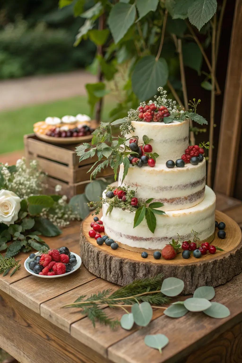 An eco-friendly wedding cake with sustainable decorations.