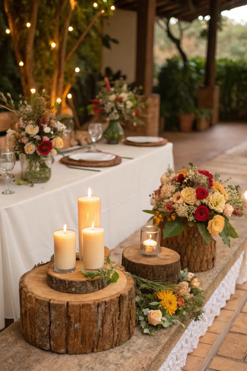 Wooden bases adding a rustic charm to the centerpiece.