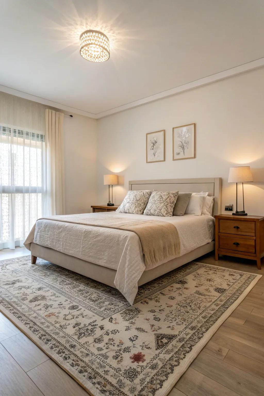 A minimalist rug choice enhances tranquility and serenity in the bedroom.