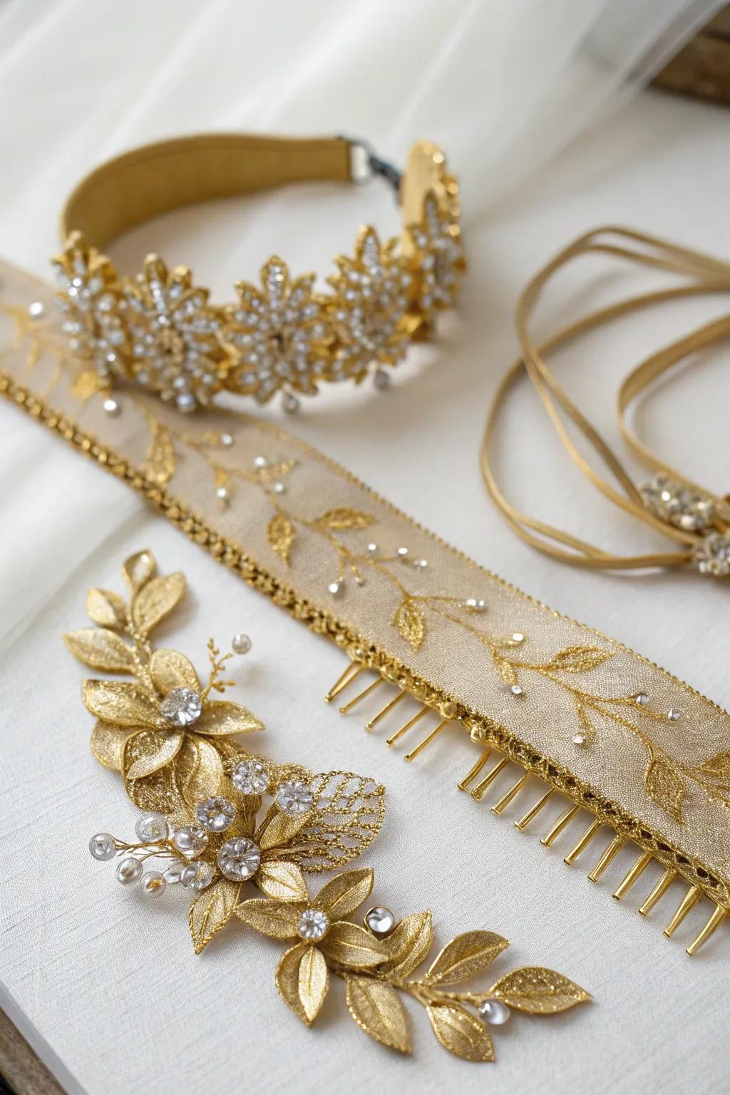 Bridal accessories featuring elegant gold accents.