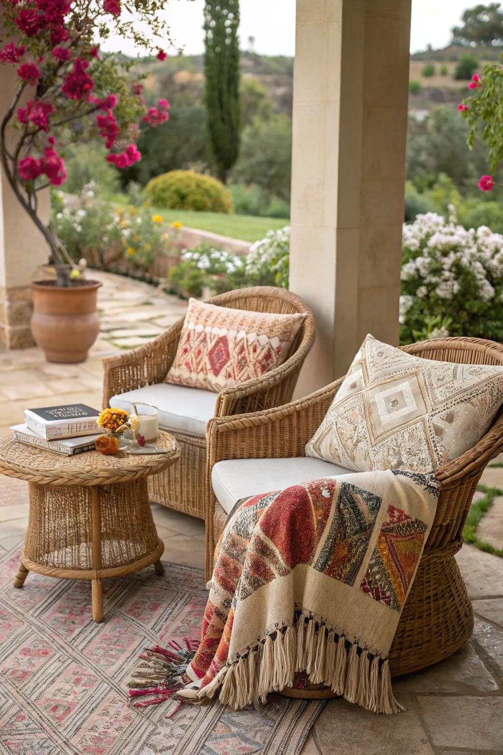 Boho chic meets wicker for a laid-back patio style.