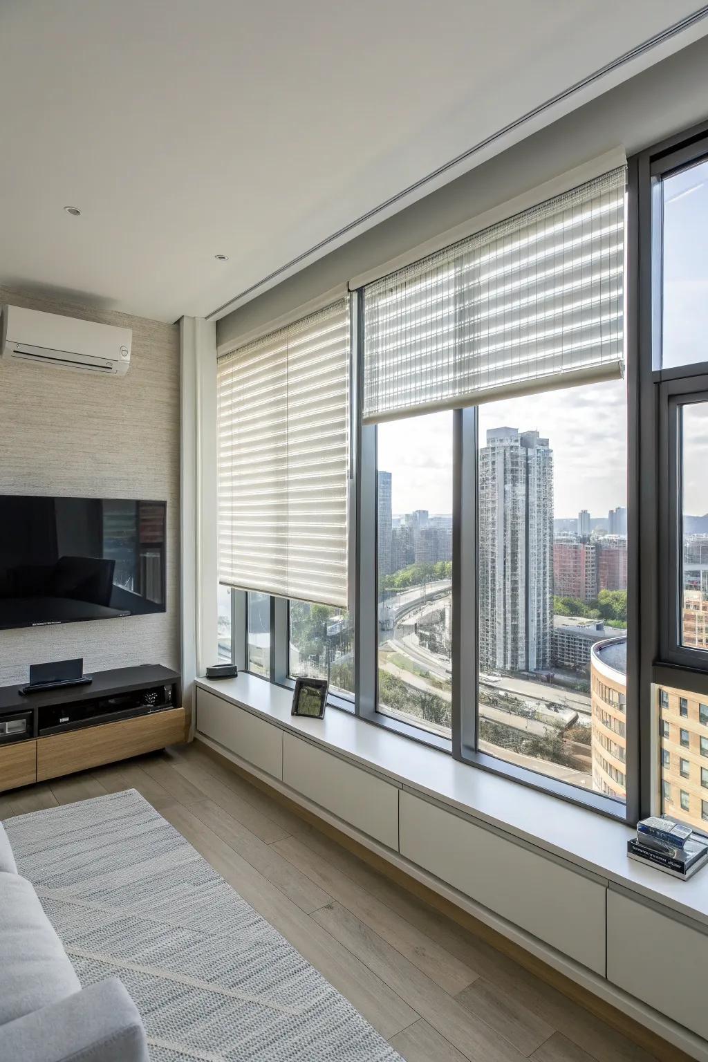 Motorized blinds offer modern convenience.