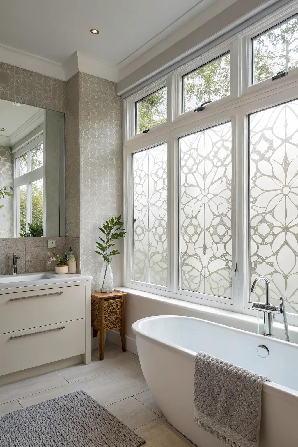 Decorative film offers privacy with an artistic touch for casement windows.