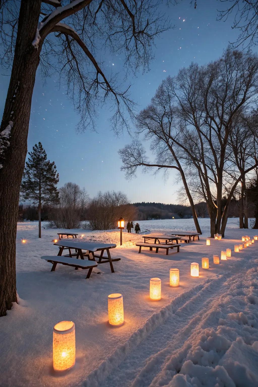 Snow lanterns create a magical picnic ambiance.