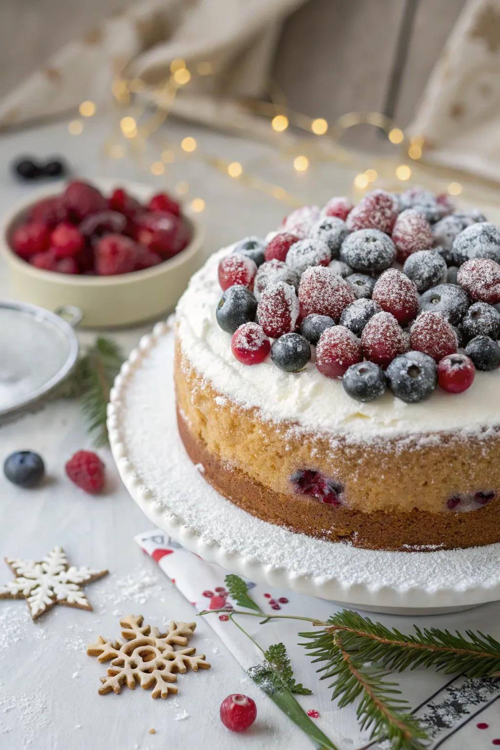 Frozen berries add a pop of color to this winter cake.