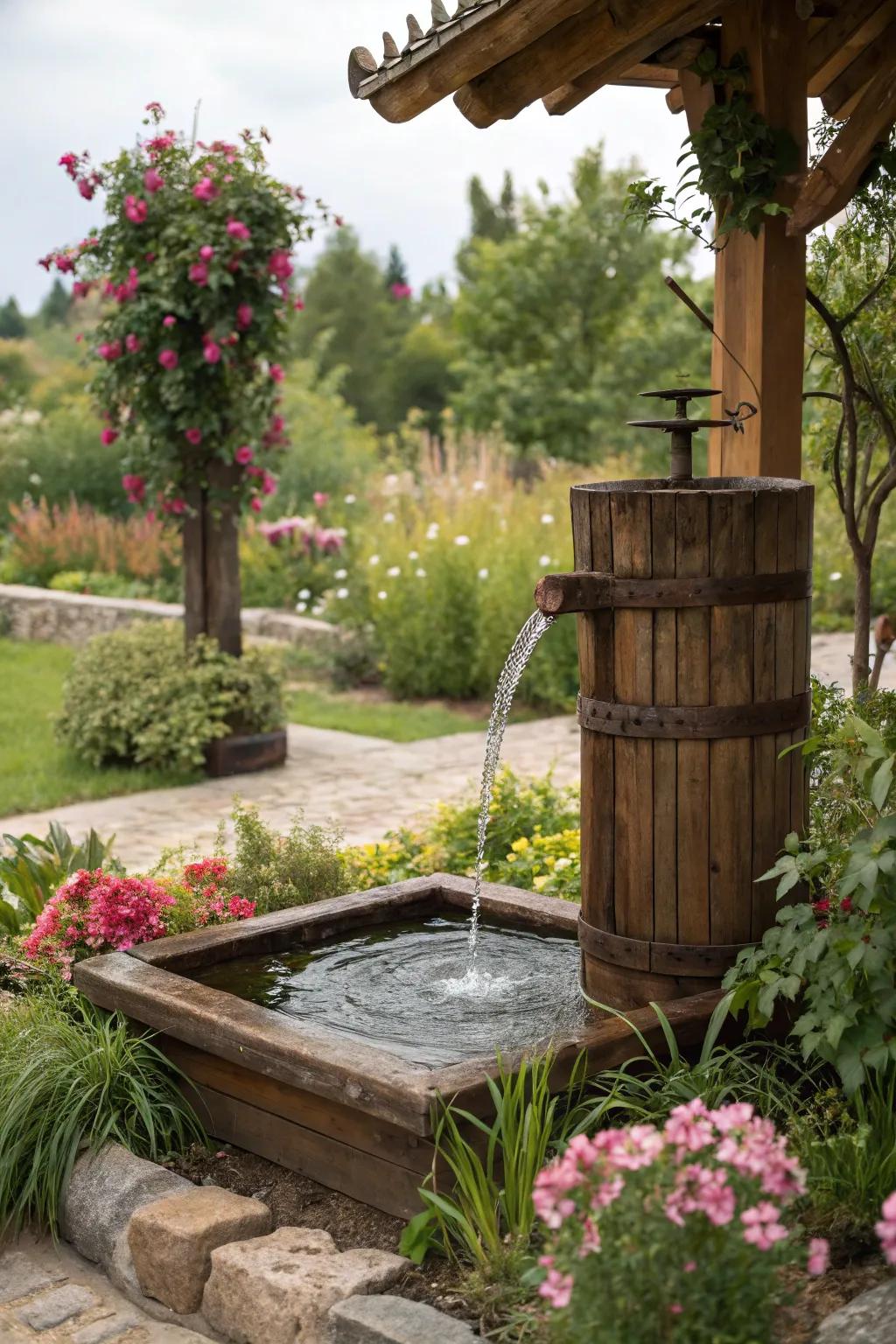 Enhance tranquility with a wooden water feature.