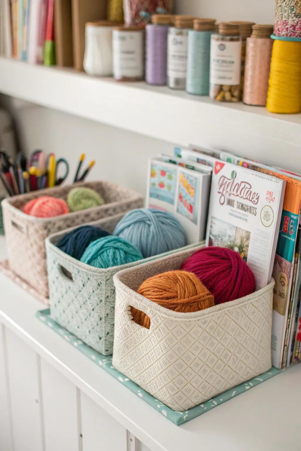 Magazine holders keep yarn organized and upright on shelves.