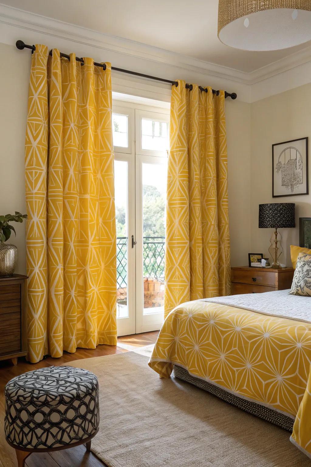 Art Deco-inspired yellow curtains bring chic sophistication to the bedroom.