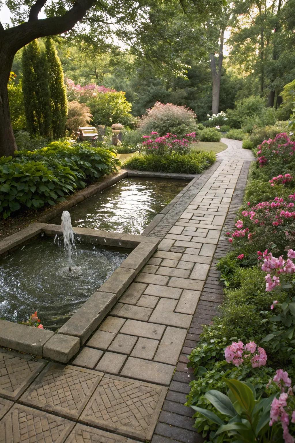 A serene walkway integrated with calming water features.