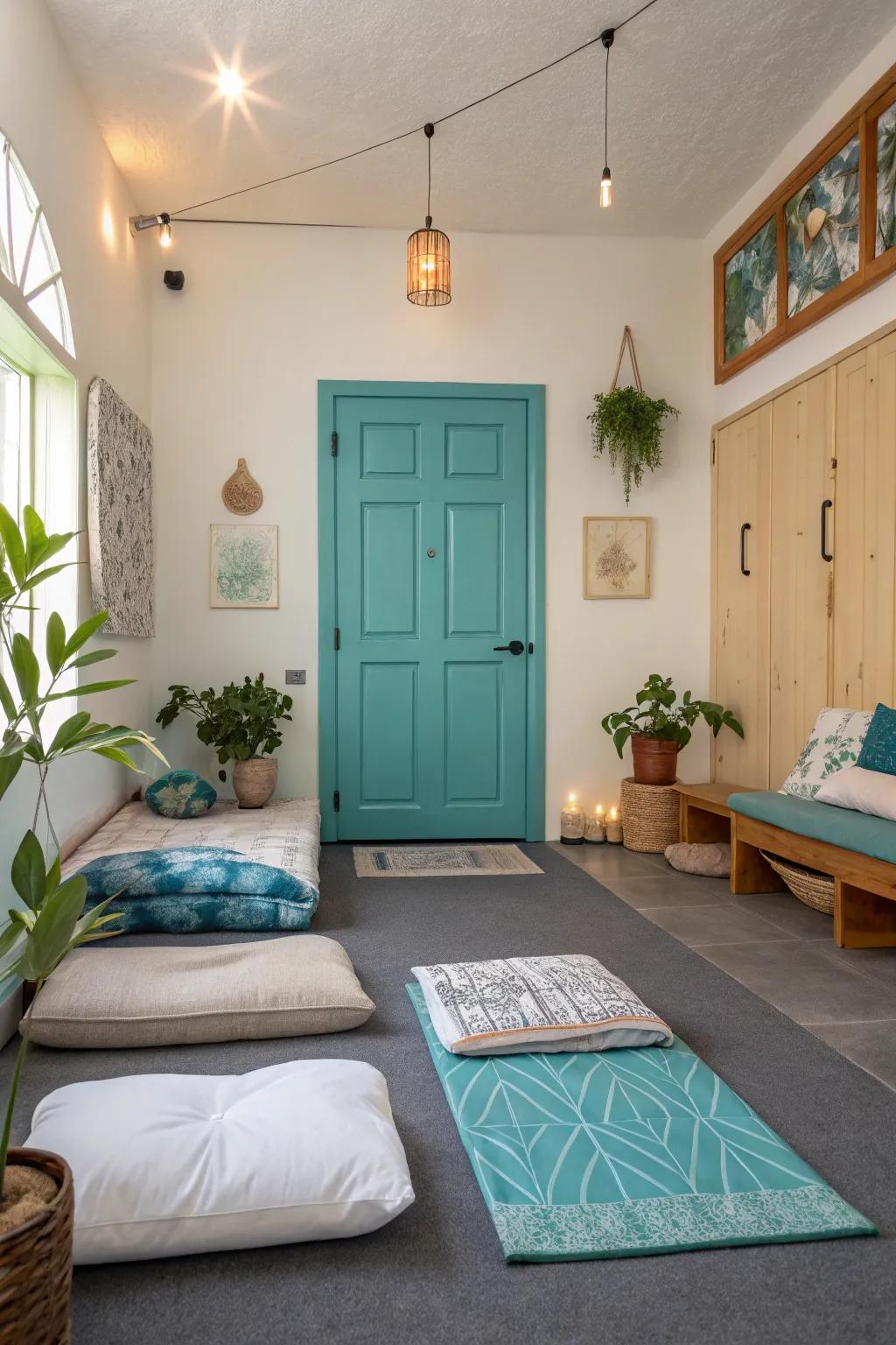 A turquoise 6-panel door adds tranquility to this peaceful meditation room.