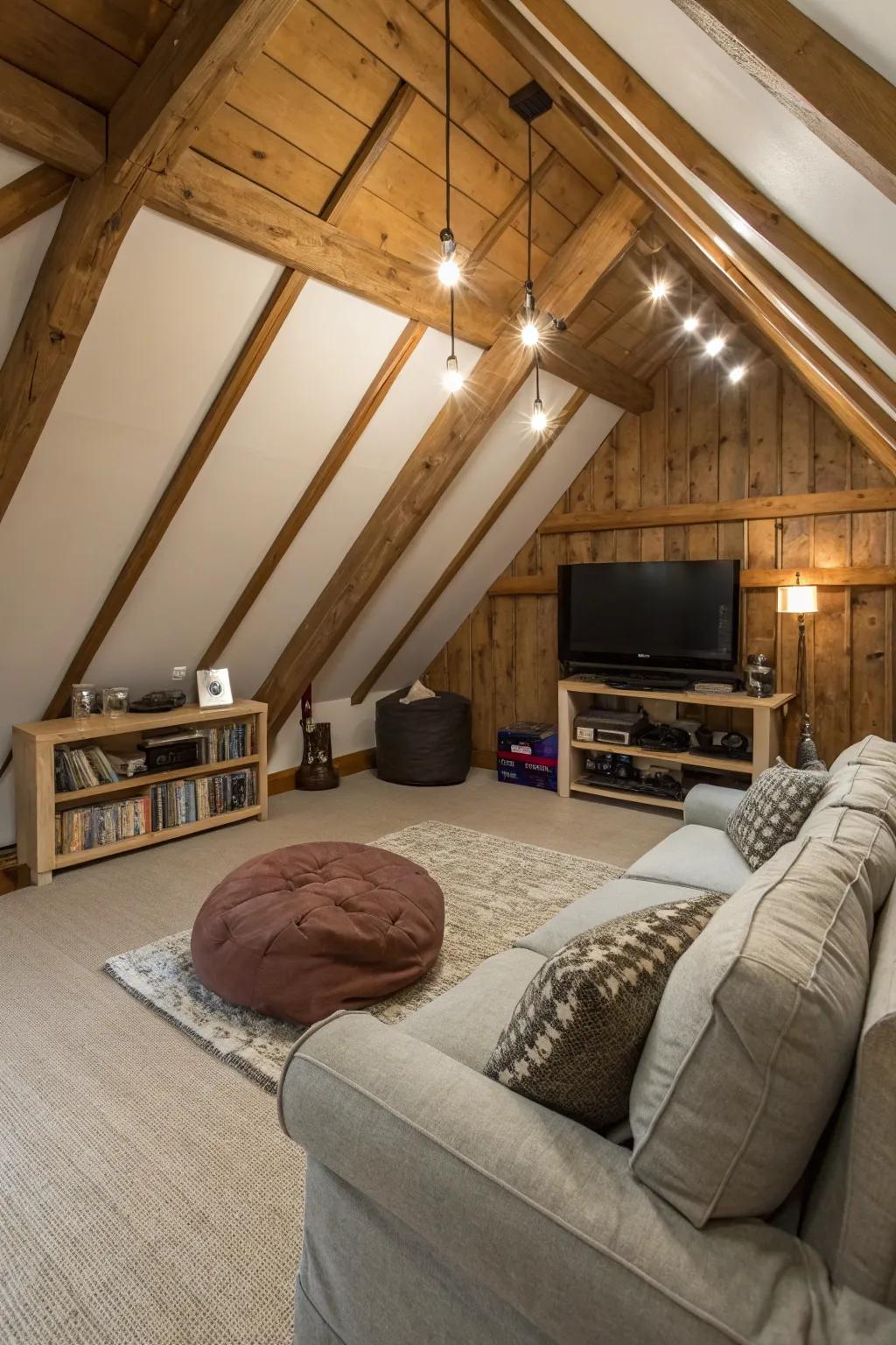 Create a cozy entertainment zone for movie nights in your attic.