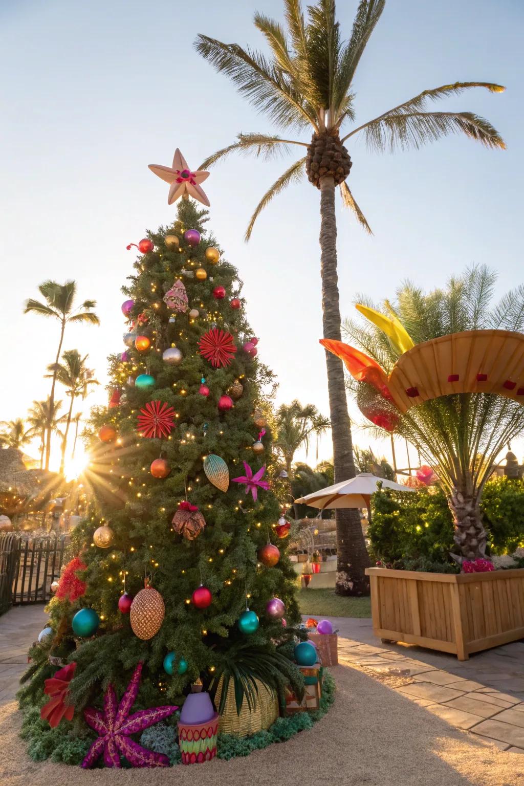 A tropical-themed Christmas tree with bright and exotic ornaments.