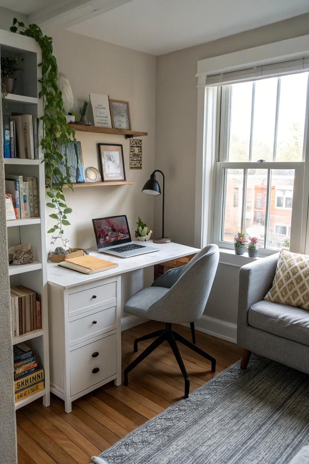 A home office nook creates a functional workspace in tight spaces.