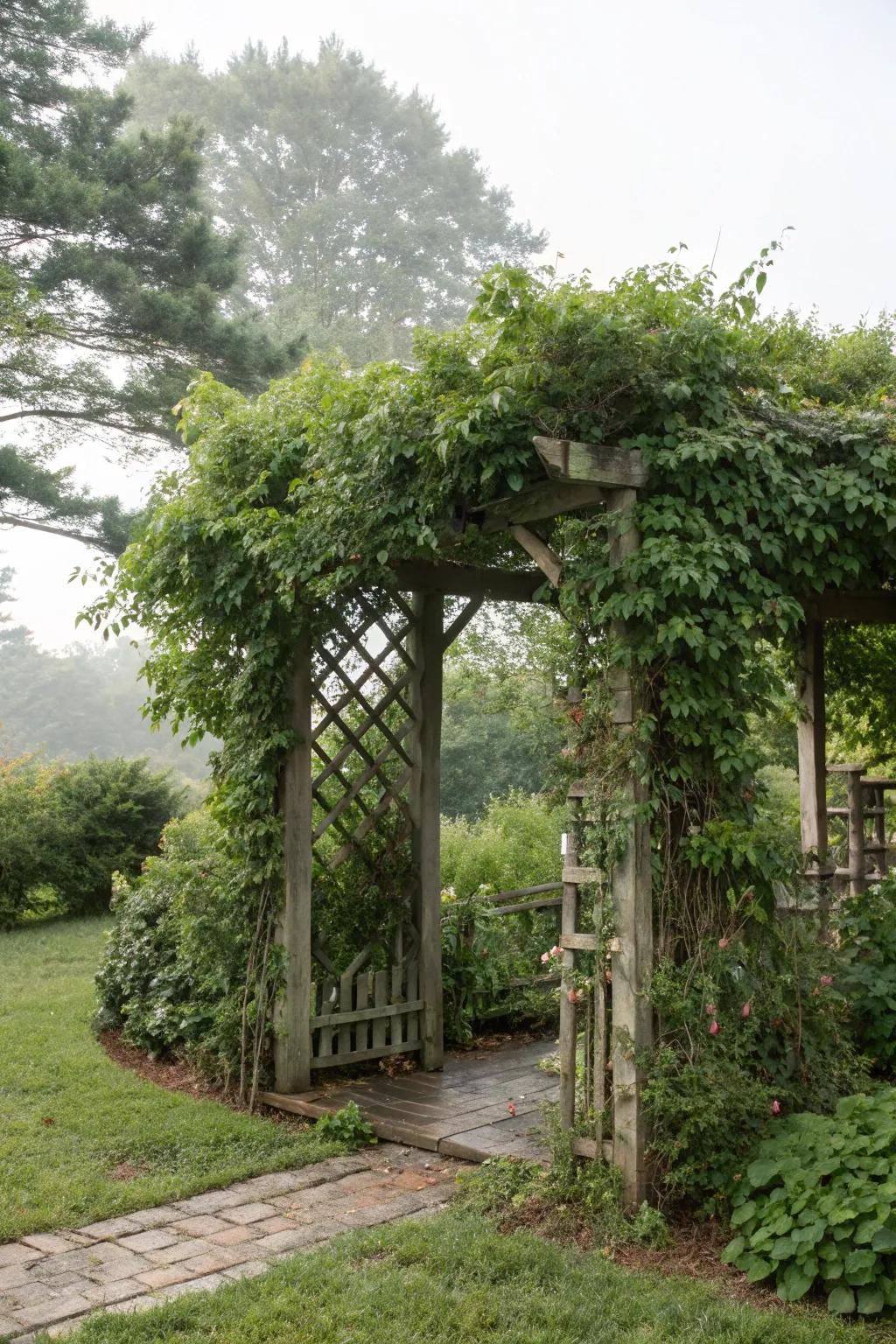 An intimate garden space with a privacy screen arbor.